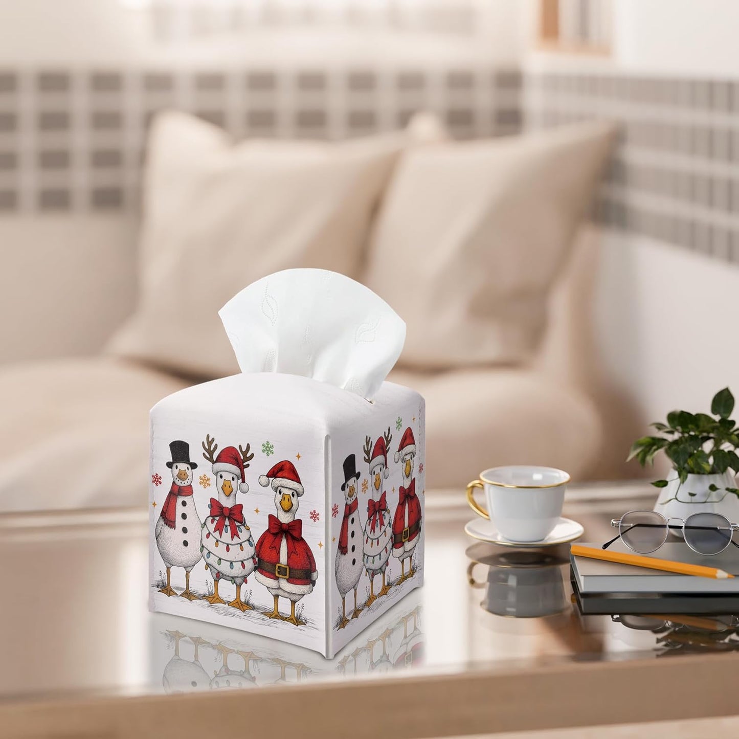 Vintage Christmas Goose Tissue Box Holder, Retro Christmas Leather Tissue Box Cover Square, Paper Facial Decorative Tissues Cover for Bathroom Kitchen Office Home Decor-B27