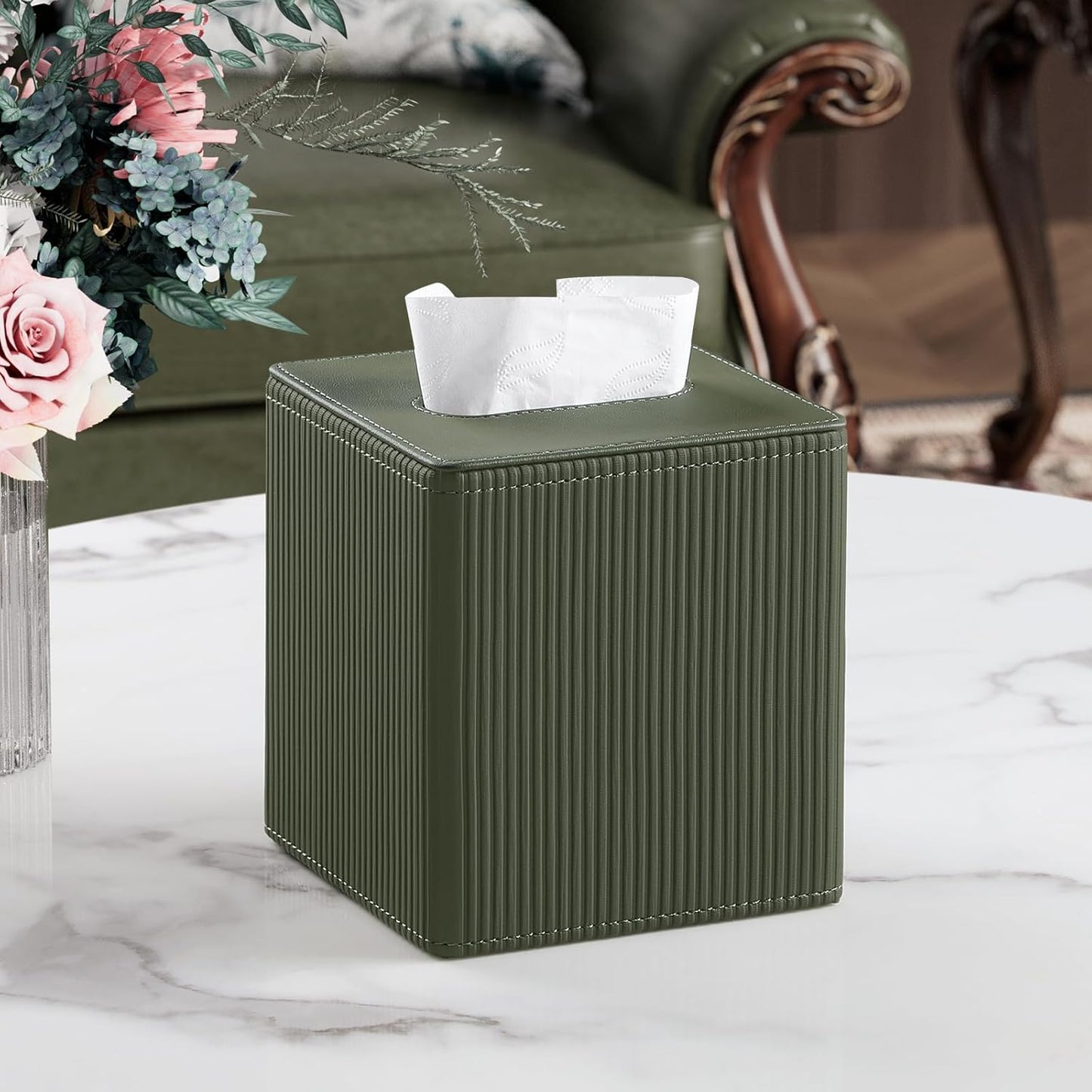 PU Leather Tissue Box Cover Square with Magnetic Closure, Modern Tissue Box Holder for Bathroom Bedroom Office Desk, Decorative Square Tissue Holder (Green)
