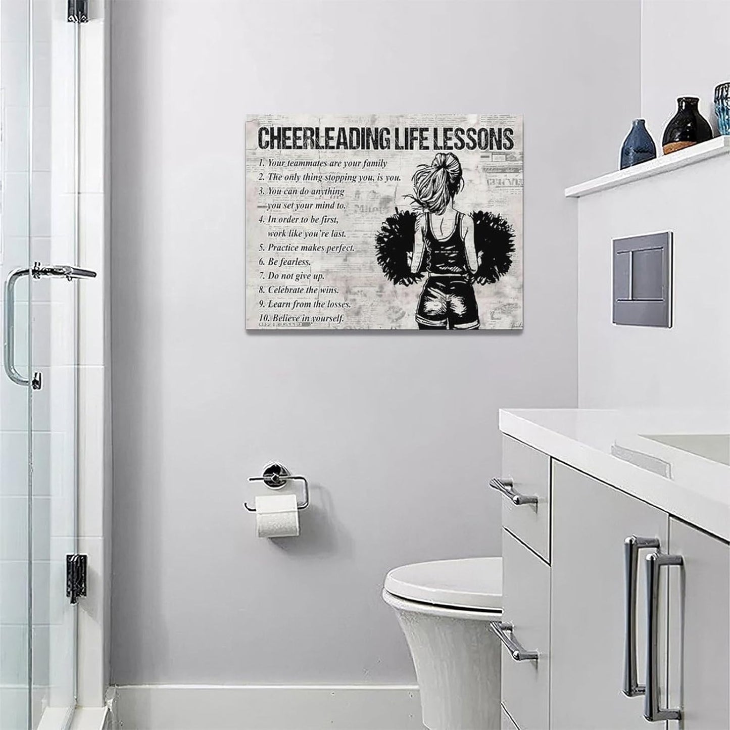 Cheerleading Wall Art Cheerleading Life Lessons Wall Decor Cheerleading Sign Retro Poster Girl Woman Room Decorations Canvas Print Painting Artwork for Bedroom Bathroom Living Room 16"x12"
