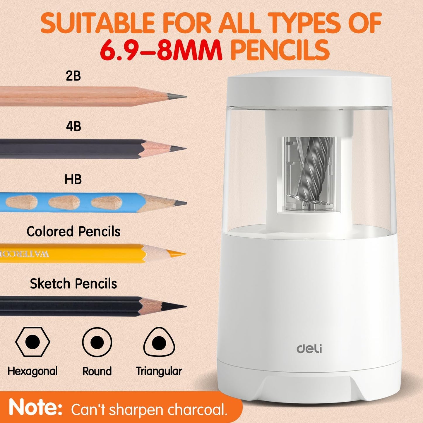 Deli Electric Pencil Sharpener, Automatic Pencil Sharpeners for No.2 Pencils Colored Pencils, Auto Stop, USB & Battery Operated for Kids, Students, Classroom, Home and Office, White