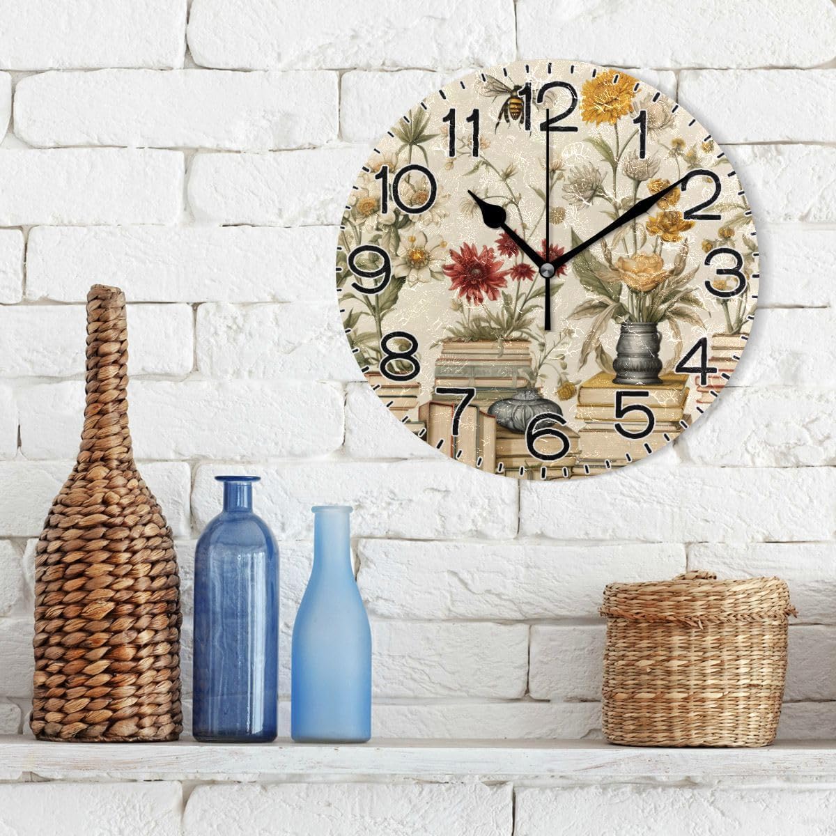 Vintage Yellow Books Flowers Bees Wall Clock Battery Operated Non Ticking Silent Quartz Analog Rustic Farmhouse Round Clock Retro Decor for Home Kitchen Living Room Bathroom