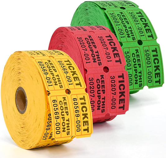 L LIKED 3000 Assorted Raffle Tickets Double Roll,Consecutively Numbered,50/50 Raffle Tickets for Event,Party,Prize,Drawing(Red,Green,Yellow)
