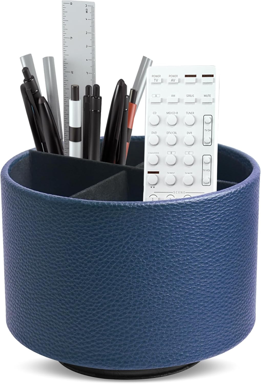 Hennaja Round Leather Art Supply Organizer,Remote Control Holder,360 Degree Spinning,Multi-Functional Pencil Holder,4 Compartments Desktop Stationary Organizer(1-Lichee Blue)