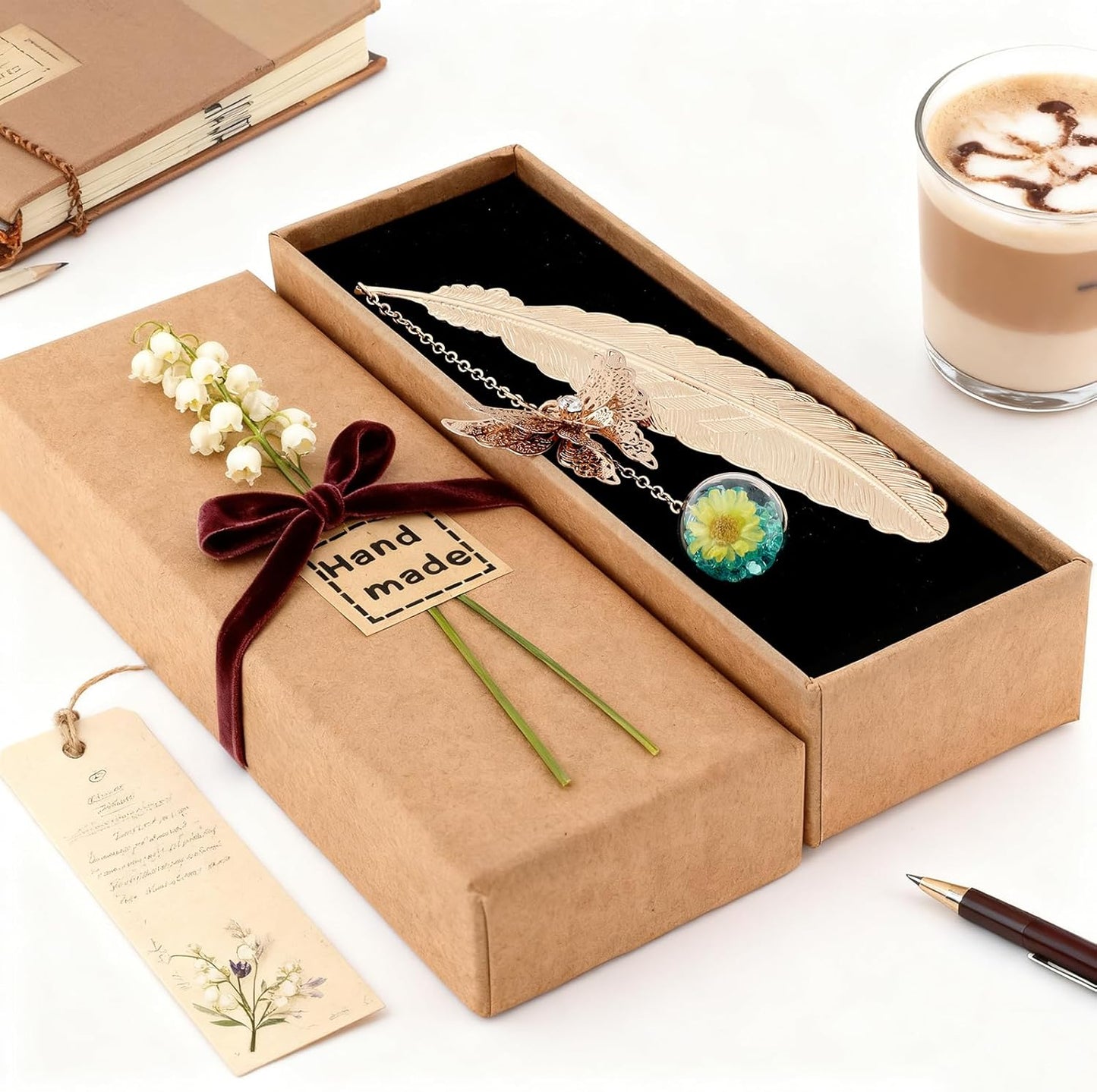 Metal Feather Bookmark with Butterfly Charm – Christmas Gifts for Women, Teachers & Book Lovers – Stocking Stuffers, Secret Santa, Birthday & Holiday Gift Box