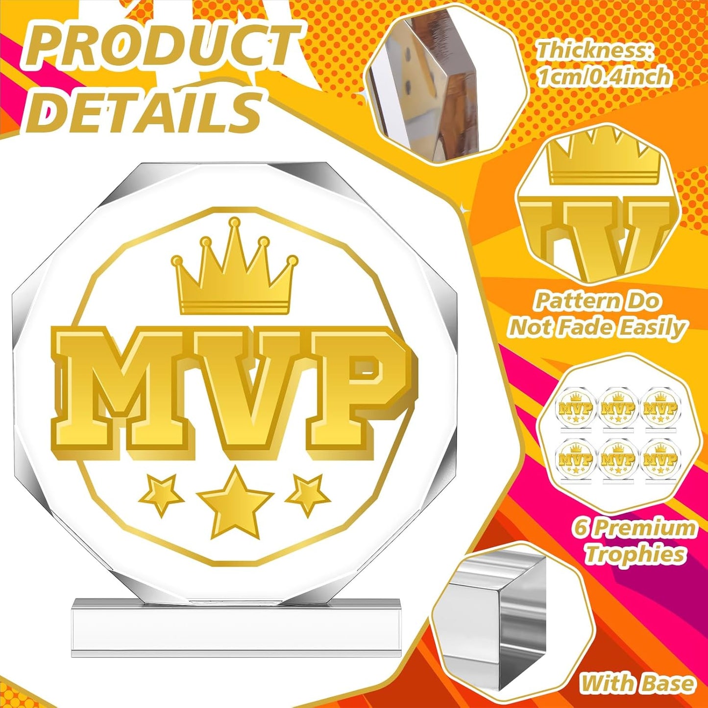 6 Pack Sports Trophy Acrylic Award Medals 4.72 x 4.72 Inch Sports Contest Trophies Bulk Plaques Team Prize Gift Trophies for Competition