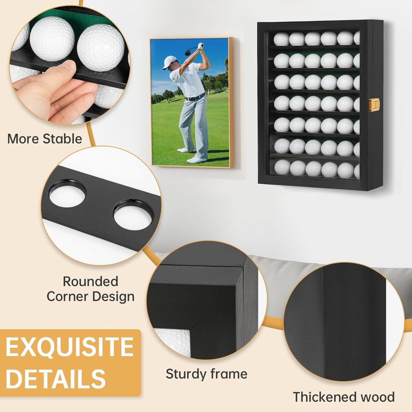 Golf Ball Display Case, Solid Wood Golf Ball Holder, Wall Mounted Golf Ball Rack with Acrylic Door for Golf Enthusiasts (Black, for 42 Golf Balls)