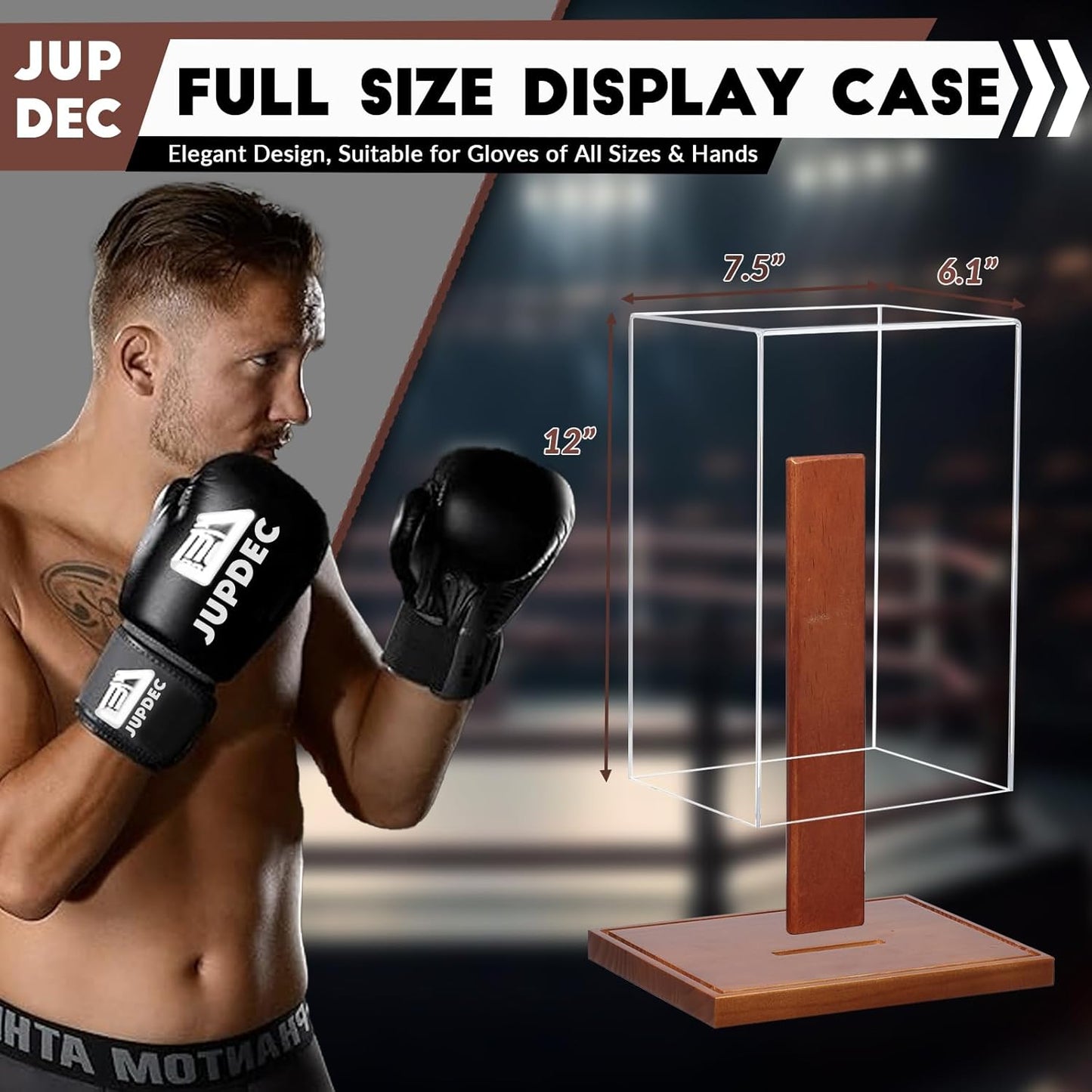 JupDec Boxing Glove Display Case, Clear Acrylic Showcase with Wood Base & Plank for Single Glove, Full Size UV Protection Souvenirs and Collectibles Box, Ideal Gift for Boxing Fans