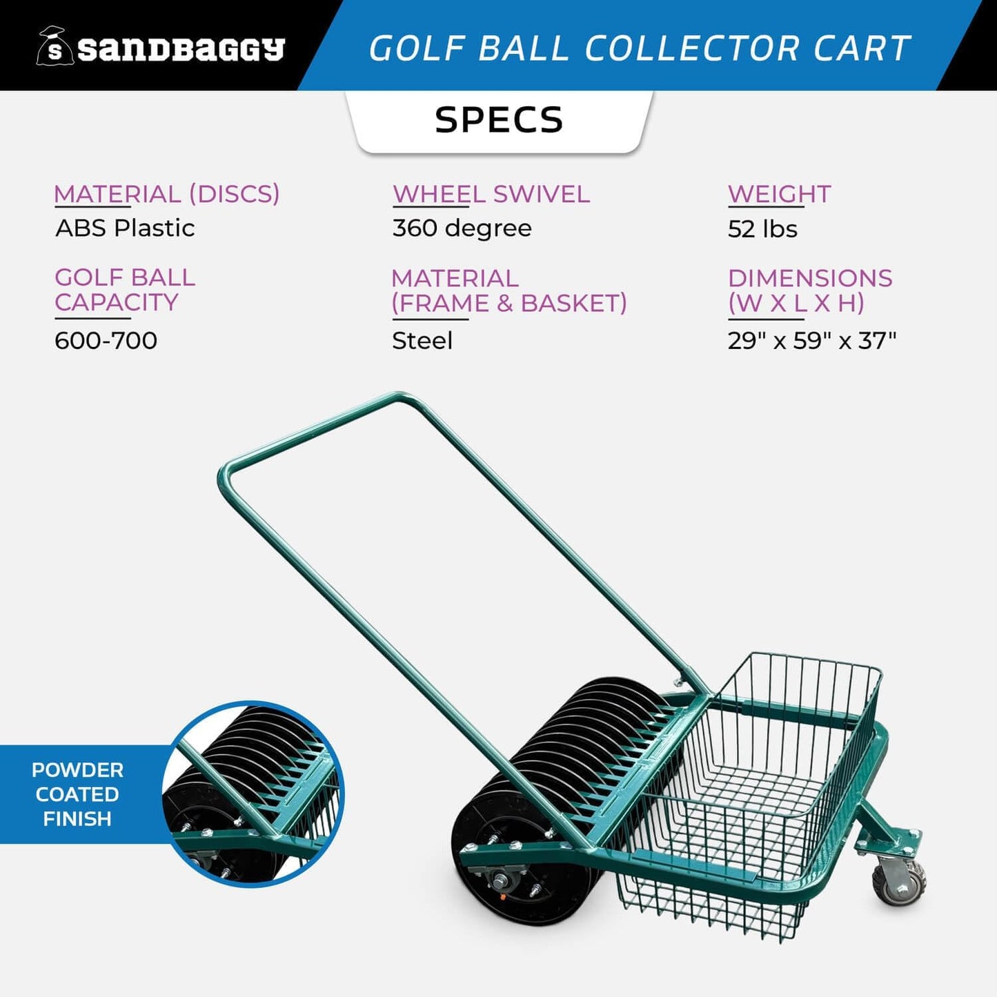 Sandbaggy Golf Ball Collector Cart - Holds Up to 700 Balls | UV & Rust Resistant | Ball Picker Upper, Retrievers, Pick Up Tool