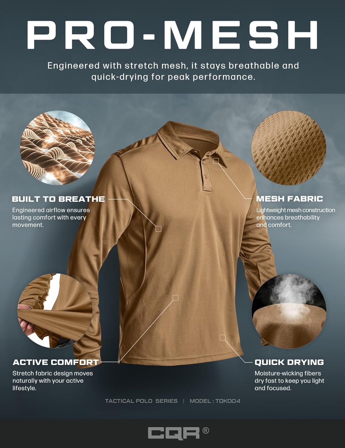 CQR Men's Polo Shirt, Long Sleeve Tactical Shirts, Outdoor UPF 50+ Pique Shirt, Dry Fit Lightweight Golf Shirts