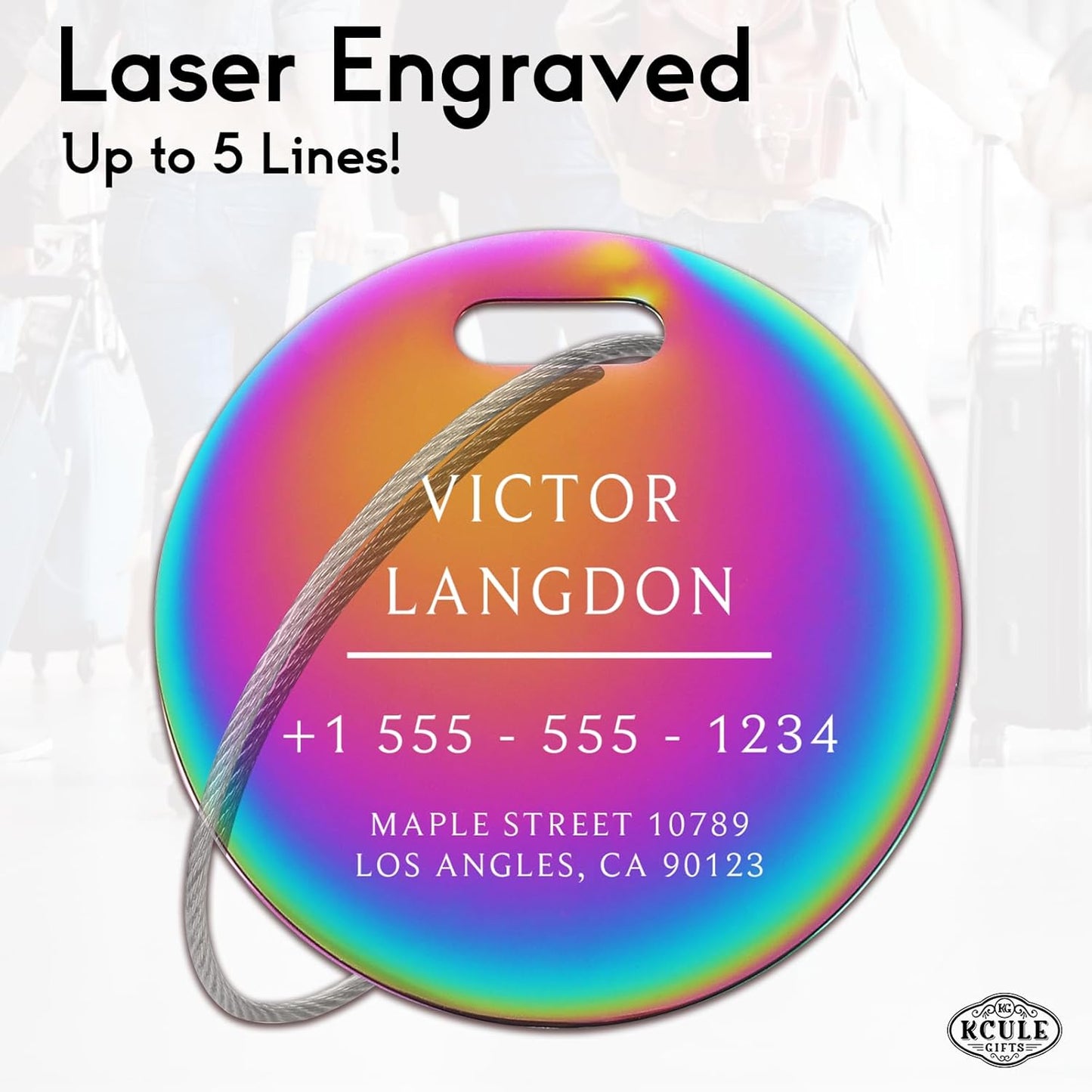 Stainless Luggage Tags for Suitcases: Metal Personalized Luggage Tags and Bags with Customizable Texts (Rainbow)