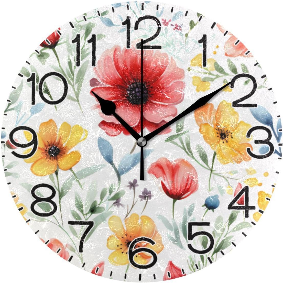 Spring Red Yellow Flowers Leaves Wall Clock Battery Operated Non Ticking Silent Quartz Analog Rustic Farmhouse Round Clock Retro Decor for Home Kitchen Living Room Bathroom