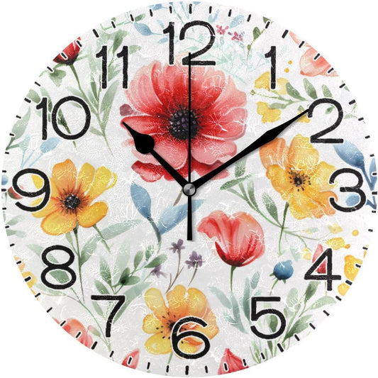 Spring Red Yellow Flowers Leaves Wall Clock Battery Operated Non Ticking Silent Quartz Analog Rustic Farmhouse Round Clock Retro Decor for Home Kitchen Living Room Bathroom
