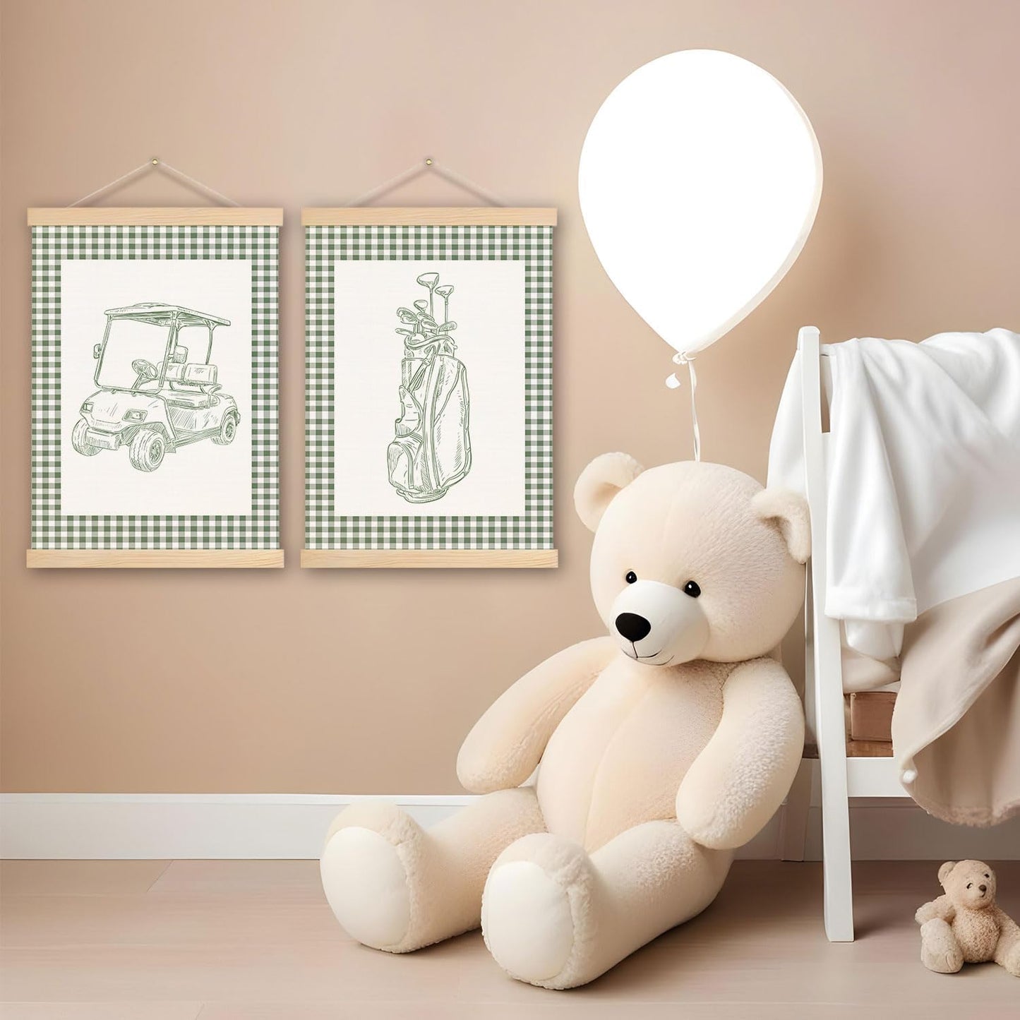 DNEULYR Sage Green Checkered Golf Wall Art Poster, Golf Nursery Wall Decor, Retro Golfing Golfer Poster Hanger Frame for Kids Boys Room Bedroom Nursery Playroom, 12x16 Inches Set of 2