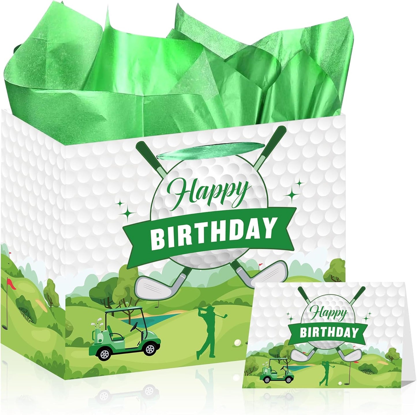 UGUHHKUY Golf Birthday Gift Bag Decorations - 5 Pcs Green Gift Wrapping Bag with Handle Tissue Paper and Greeting Card for Men Boys Golf Party Favors Decor Supplies