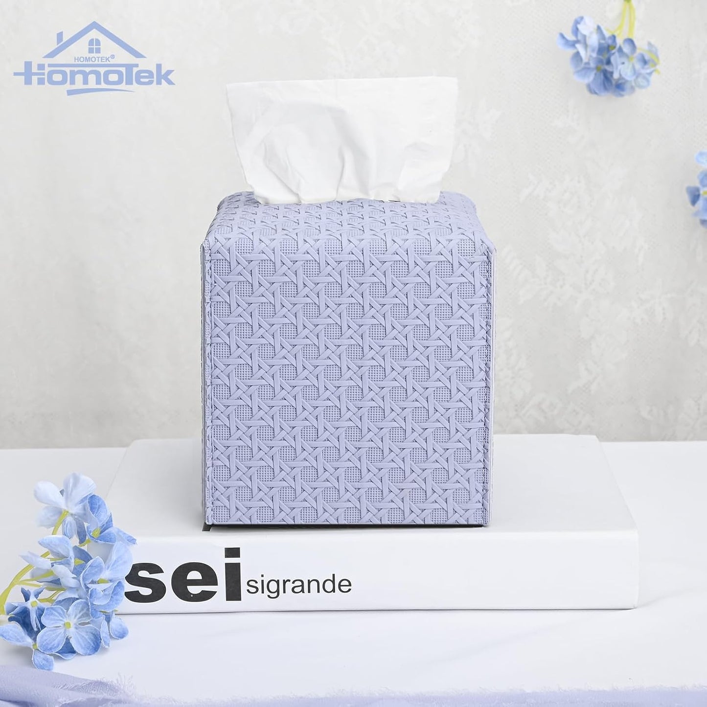 HOMOTEK 2 Pack Tissue Box Cover, Square PU Leather Tissue Holder, Decorative Facial Tissue Cube Paper Organizer Dispenser for Bathroom, Night Stands, Desk, Car 5X5X5'' - Rattan Weave,Lavenderpurple