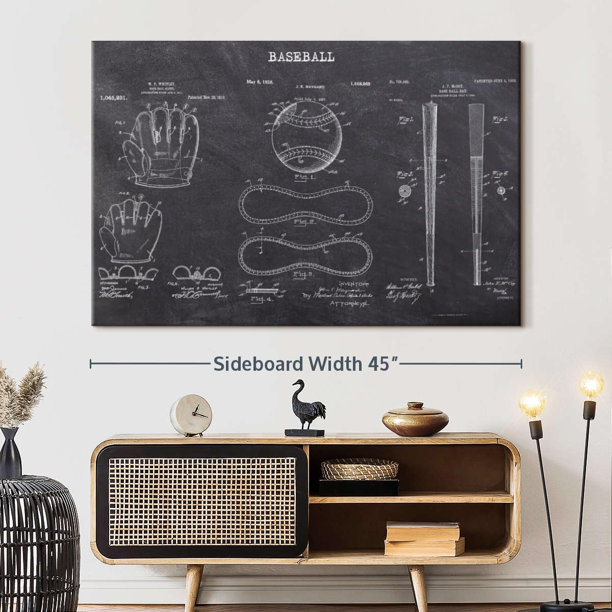 ElephantStock Baseball Patents Canvas - 1 Panel Sports Patent Wall Art Decor - Sports Decorations for Boys Room - Wall Art and Office Decor - 45" X 30"