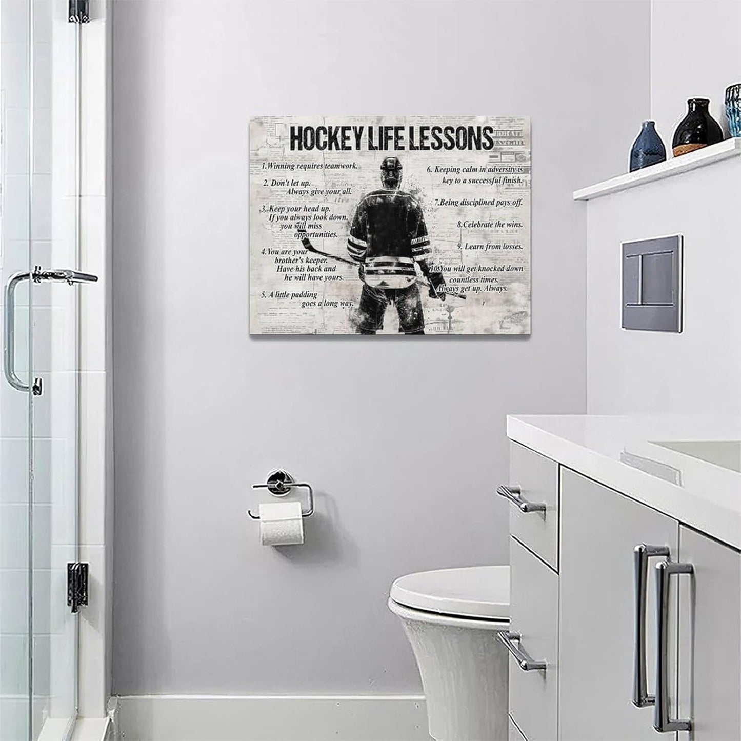 Vintage Hockey Sports Wall Art Hockey Life Lessons Wall Decor Hockey Sign Retro Poster Boy Men Room Motivational Decorations Canvas Print Painting Artwork for Bedroom Bathroom Living Room 16"x12"