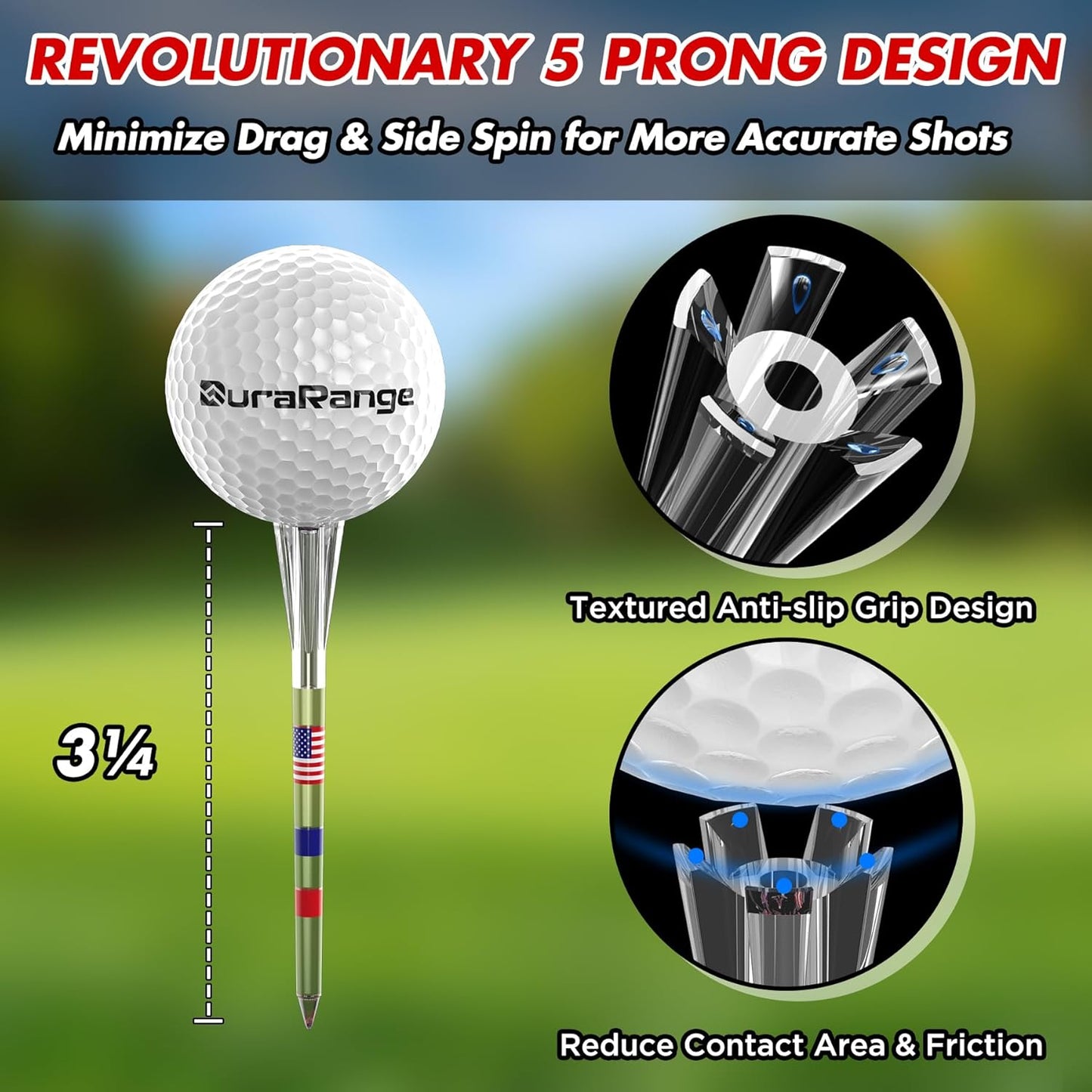 Premium Golf Tees - 5-Prong & 4-Prong Anti-Slip, Enhanced Stability, Unbreakable Golf T 3-1/4" for 360cc Drivers, Ideal Gift for Golfer