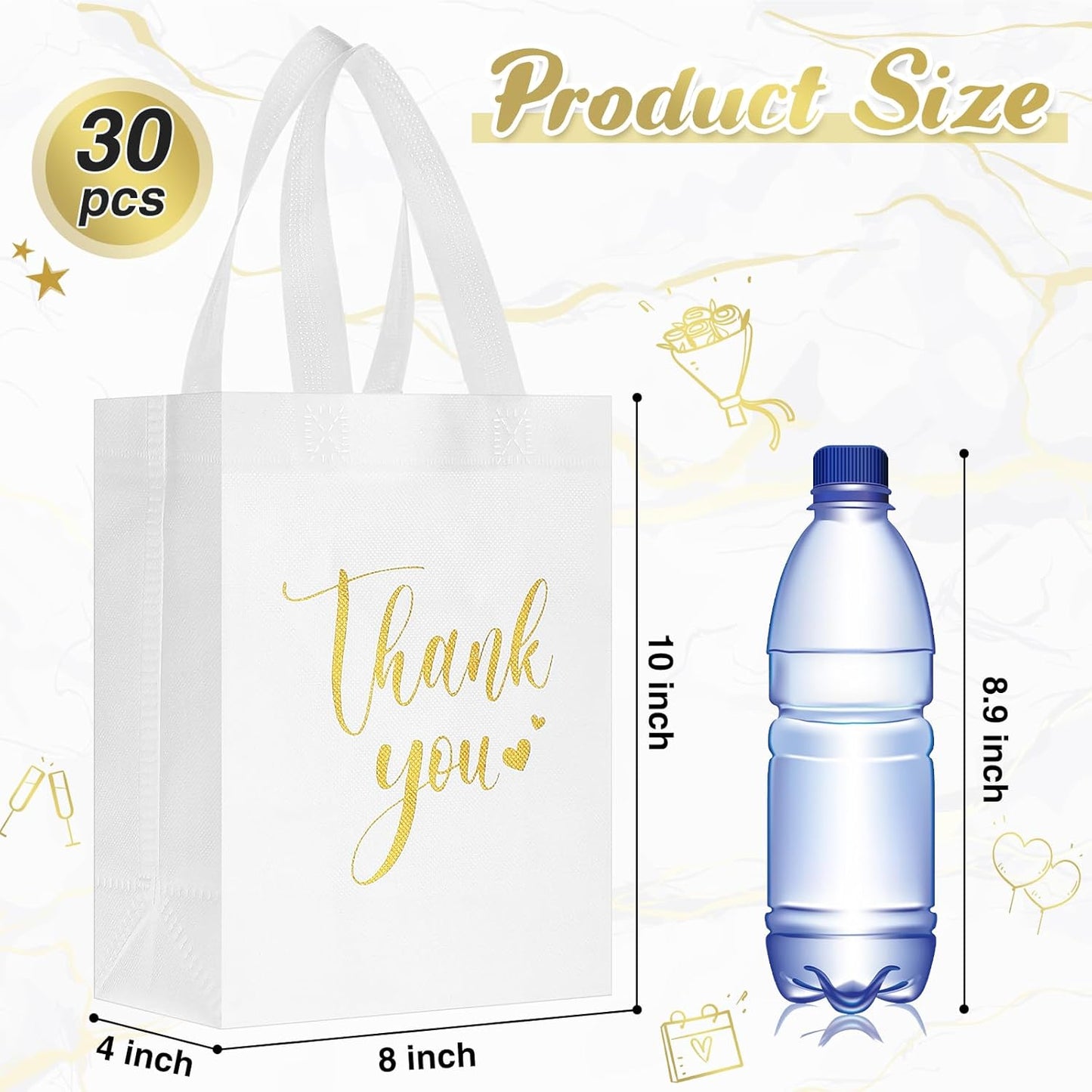 Sweetude 30 Pcs Thank You Gift Bags with Handles Bulk Reusable Goodie Bag Non Woven Foldable Handbag for Graduation Wedding Bridesmaid Gifts(10 x 8 x 4 Inch,White)