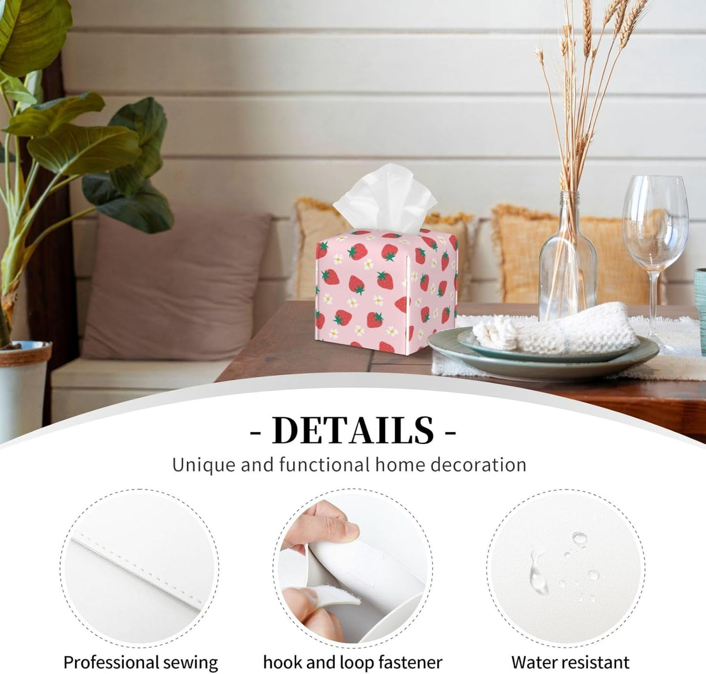 Strawberry Tissue Box Holder Paper Organizer, PU Leather Tissue Case Cover, Strawberry Decor for Bathroom, Kitchen, Car