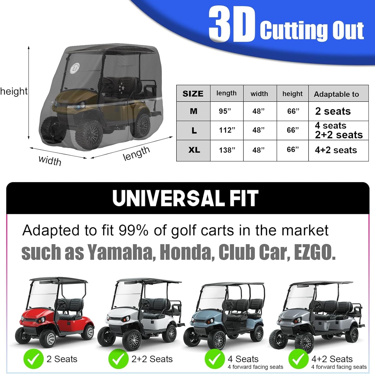 Waterproof Golf Cart Cover, Heavy Duty Marine Grade Fabric, Universal Fits for Most Brand 2/2+2/4+2 Passengers Yamaha, Honda, Club Car, EZGO Golf Cart