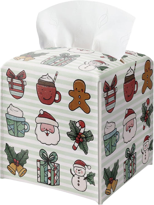 Merry Christmas Tissue Box Holder, Cute Santa Bow Leather Tissue Box Cover Square, Paper Facial Decorative Tissues Cover for Night Stands Bathroom Kitchen Office Home Decor-B30