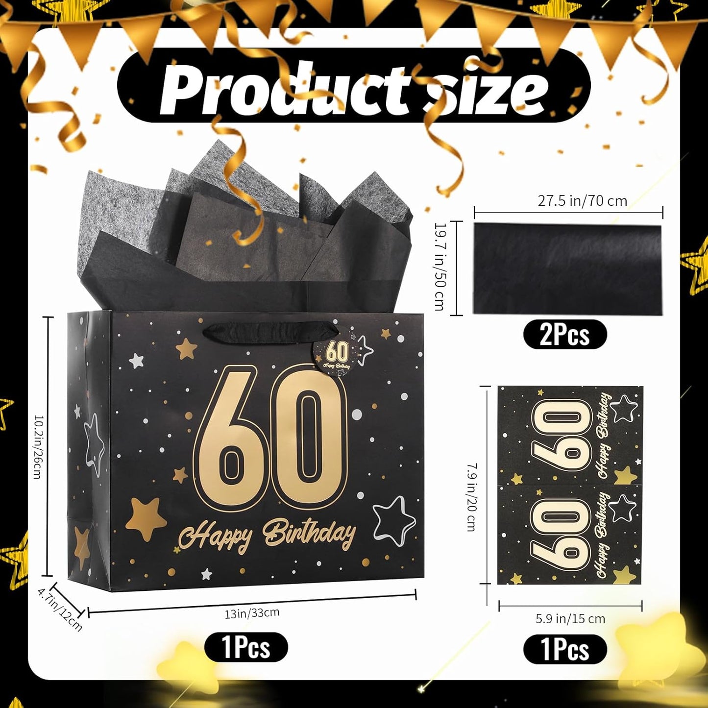 Powbrace 13" Black Happy Birthday Gift Bag with Tissue Paper and Greeting Card for Party,Happy Birthday Gift Bag for Men Women,Gift Bags Medium size(1 Black 40th)