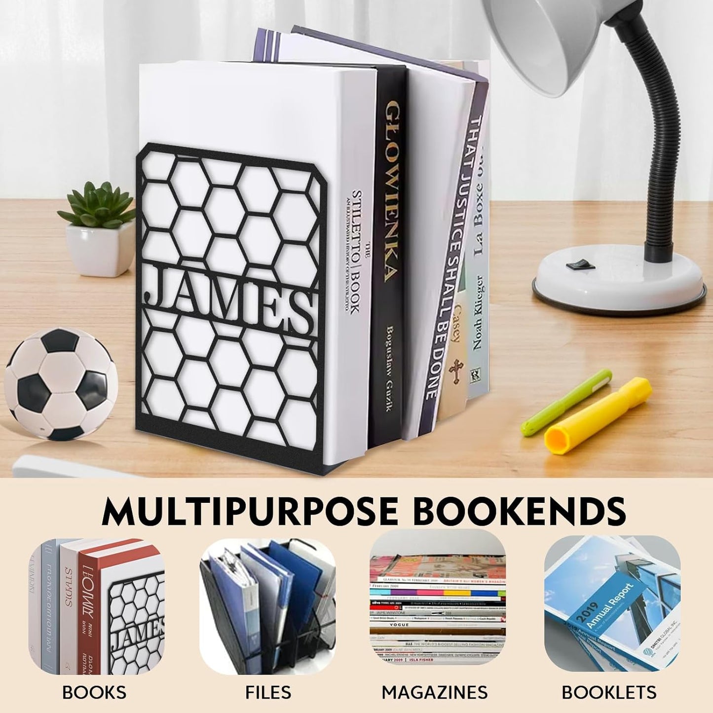 Personalized Name Metal Book Ends 2 Pcs, Unique Bookends for Shelves Room Decorative, Heavy Duty Metal Bookends, Non-Slip Book Stopper, Book Shelf Holder for Home Office School, Book Lovers Gifts