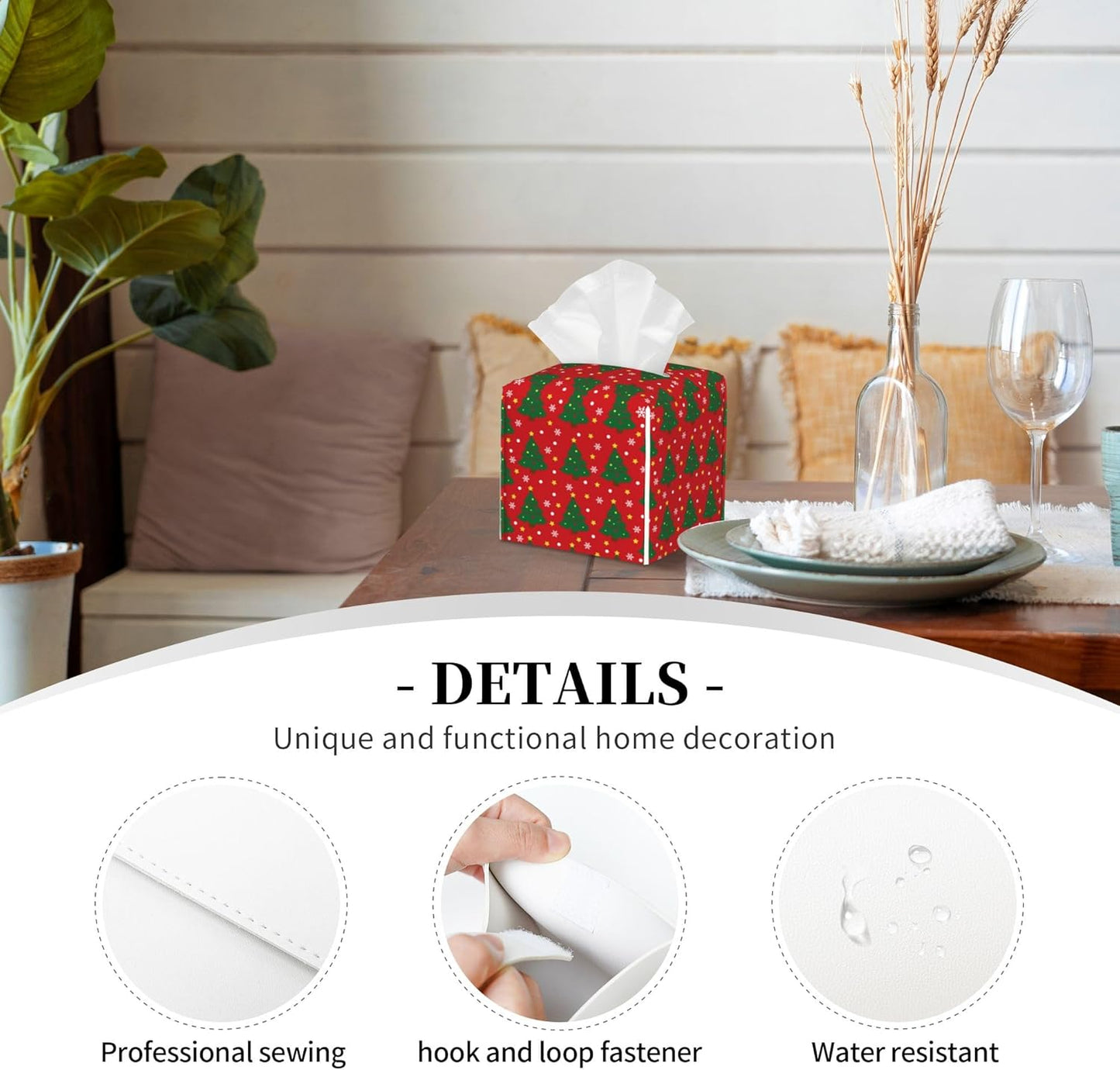 Christmas Tree and Snowflakes Tissue Box Cover Square,Red Green Christmas Pine Tree Tissue Box Holder Waterproof Leather Facial Paper Organizer Dispenser for Bathroom Home Car Nightstand Vanity Desk