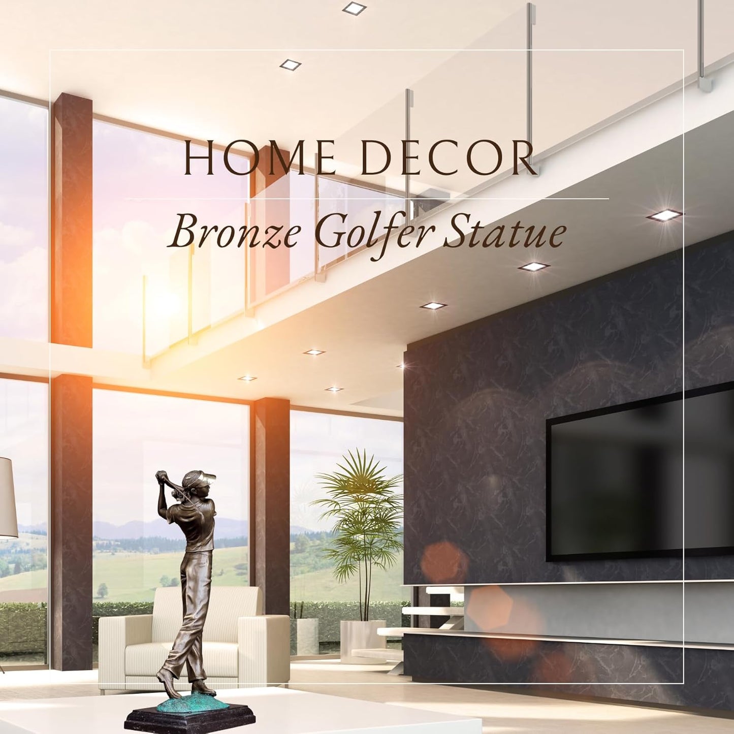 22'' Modern Golf Female Bronze Statue, Bronze Golfer Figurine Sculpture Ornament with Marble Base Classical Art Craft for Home Office Decor Collection Gift