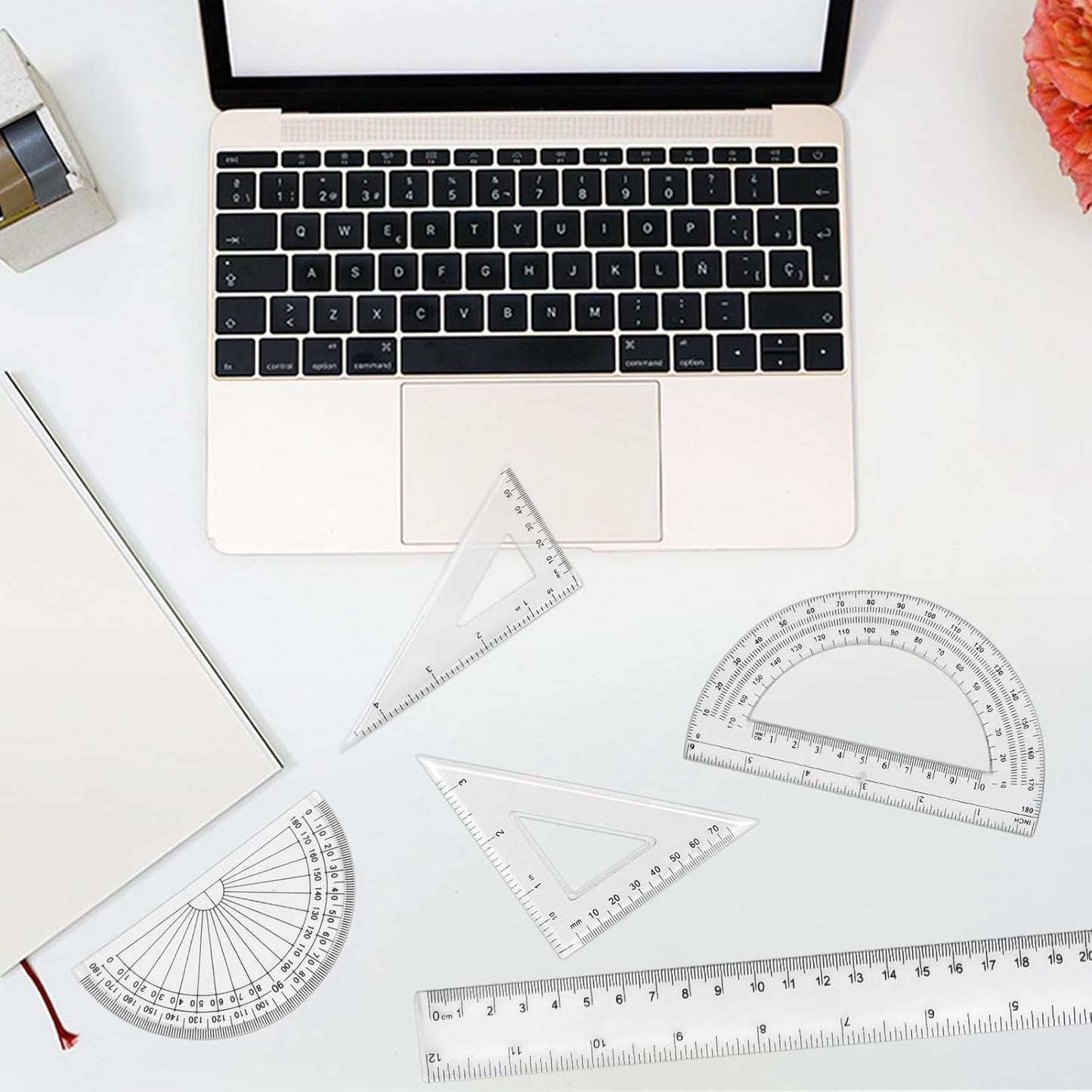 Plastic Clear Ruler Math Set, 2 Protractors 180 Degree 2 Triangle Rulers 45 | 60 Degree 2 Straight Rulers 5.9" | 11.8" Long, Drafting Ruler Geometry Ruler Measuring Tool for School Office Home Supplie