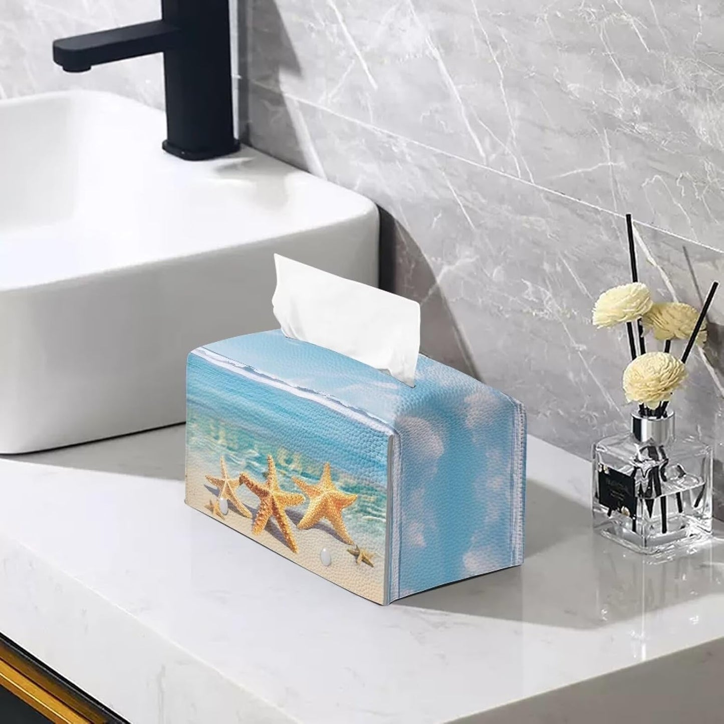 Starfish Tissue Box Cover PU Leather Tissue Box Holder 9.7"x5.2"x5.12" Rectangular Protective Cover Modern Home Car Office Hotel Decor