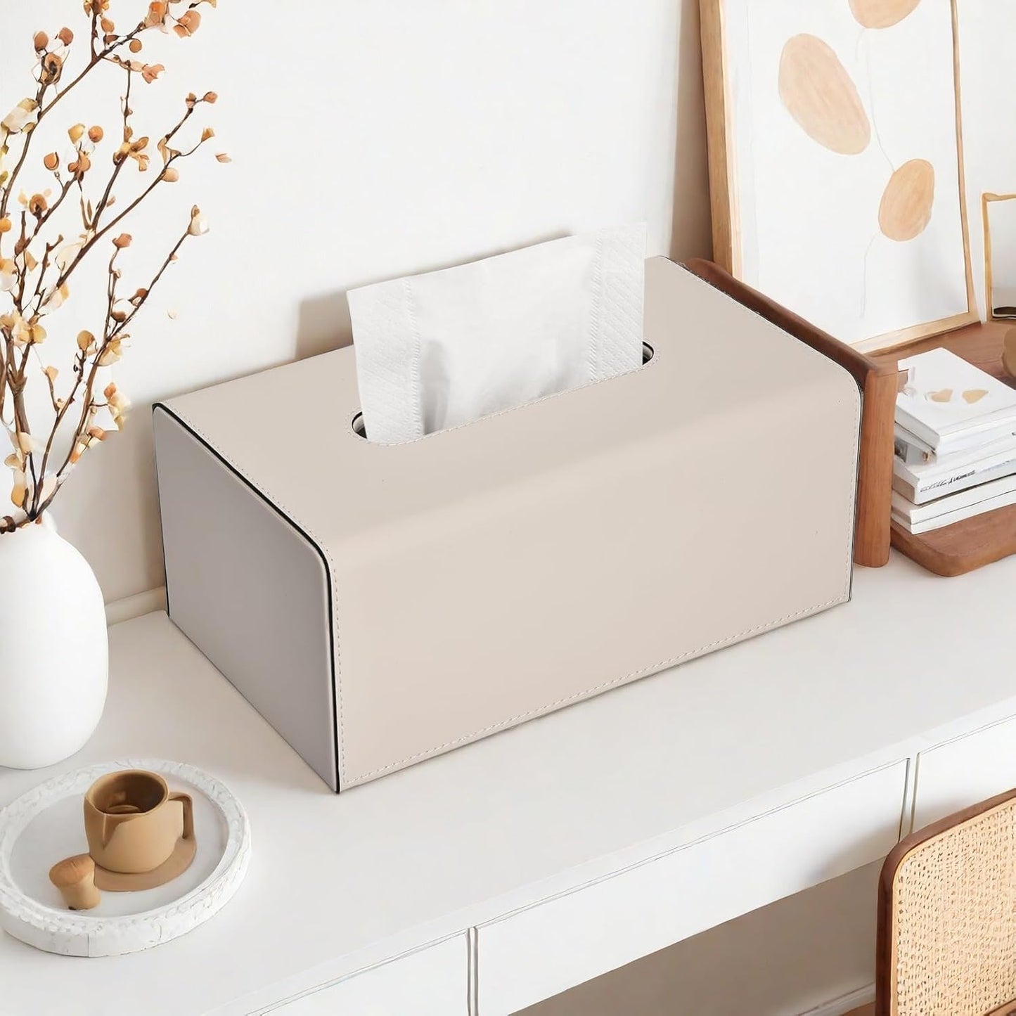 Tissue Box Cover, PU Leather Rectangular Tissue Box Holder with Magnetic Bottom Cover for Facial Tissues/Napkins, Office & Living Room Decor Box for Standard 120-count (3-Ply) 160-count (2-Ply) Beige