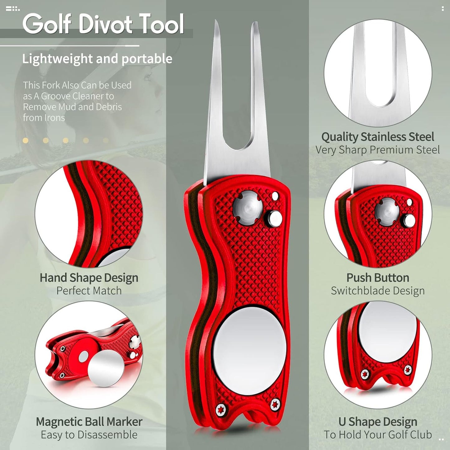 Skylety 4 Pcs Golf Divot Repair Tool Metal Foldable Golf Divot Tool with Magnetic Pop-up Button Ball Marker Stainless Steel Switchblade for Golfers Prizes