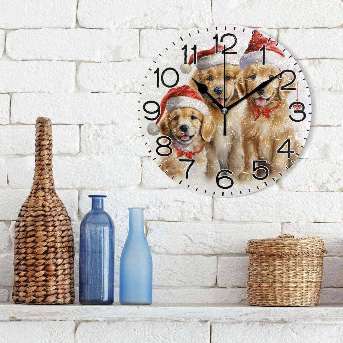 Christmas Dogs with Santa Hat Wall Clock Battery Operated Non Ticking Silent Quartz Analog Rustic Farmhouse Round Clock Retro Decor for Home Kitchen Living Room Bathroom