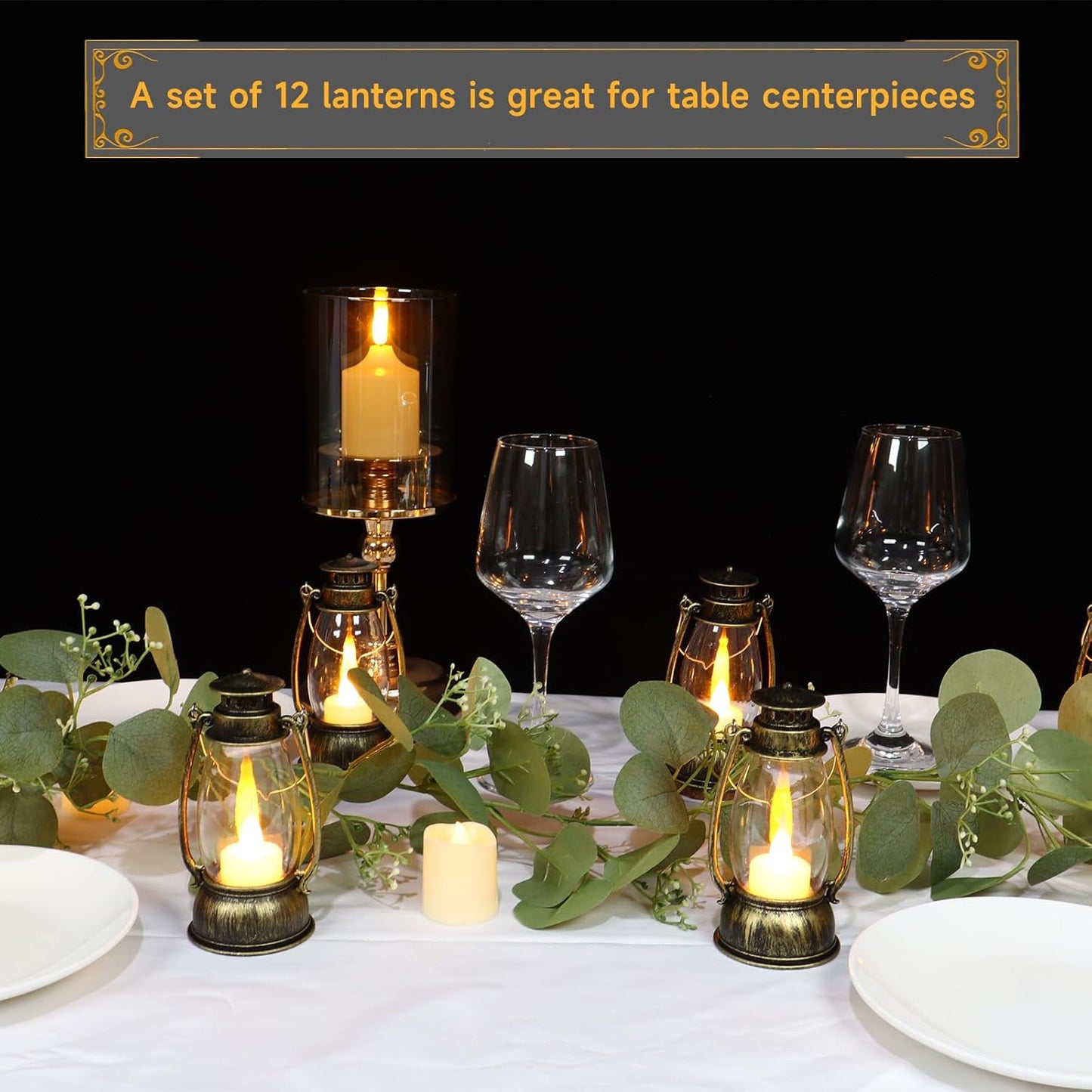 12Pcs Mini Lantern for Halloween Decor, 6Inch Small Lanterns for Western Garden Camping Party Decorations, Vintage Candleholders Table Centerpiece, Forest Christmas Wedding Decorations (Brass)