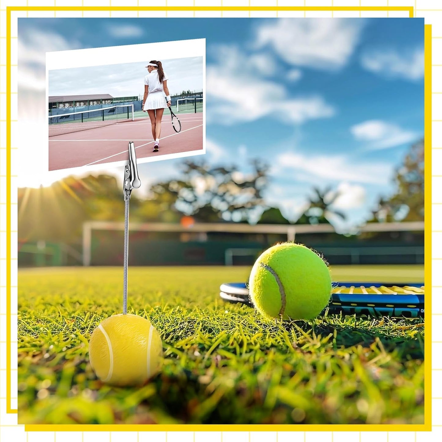 Jetec 12 Pcs Resin Sports Ball Base Memo Clips with Alligator Wire Table Number Card Place Holders Photo Stand for Office Menu Wedding Party Events Decoration (Tennis)