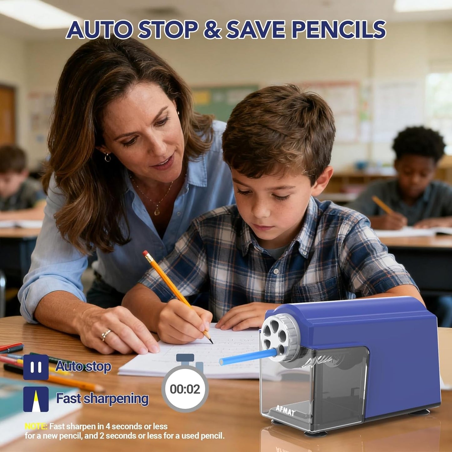 AFMAT PSD4 Electric Pencil Sharpener Heavy Duty, 6 Holes, Cordless & Rechargeable, Super Fast, Auto Stop, 10K+ Uses, Classroom Pencil Sharpener for 6-11mm No.2/Large/Colored Pencils, Blue