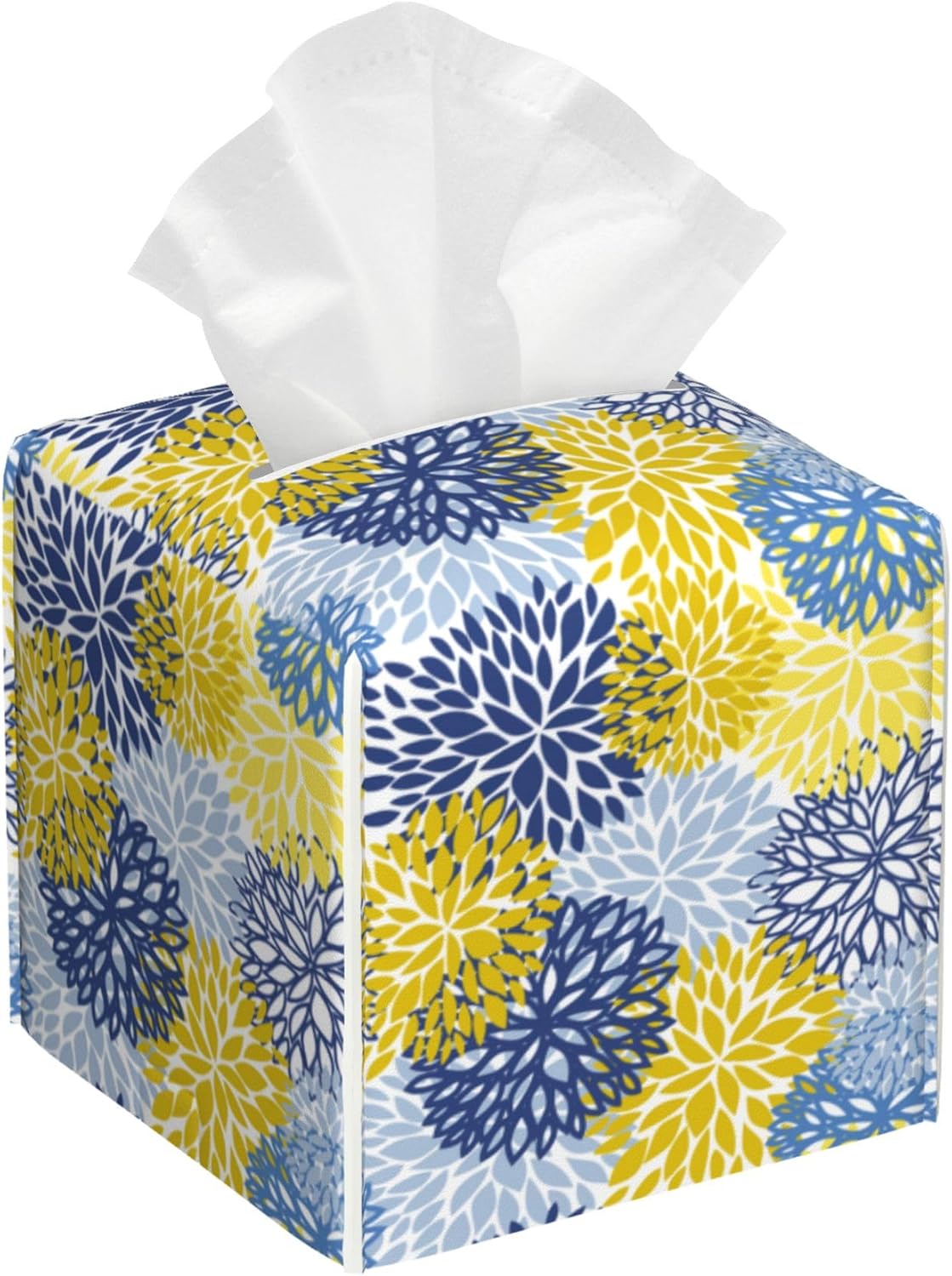 Yellow and Navy Chrysanthemum Flower Tissue Box Cover Leather Tissue Box Holder Square Facial Paper Organizer Dispenser for Bathroom Kitchen Bedroom Vanity Countertop Night Stands