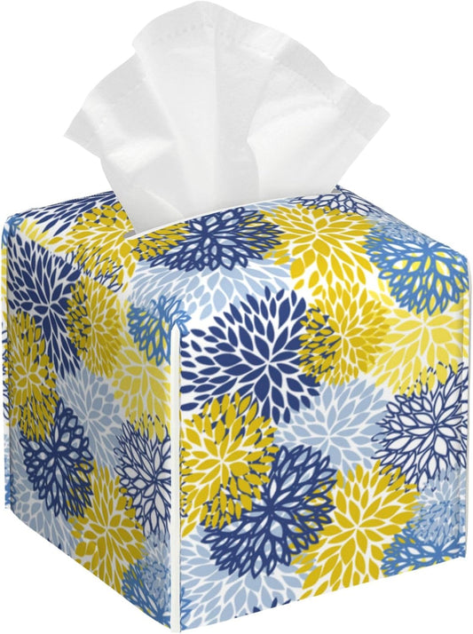 Yellow and Navy Chrysanthemum Flower Tissue Box Cover Leather Tissue Box Holder Square Facial Paper Organizer Dispenser for Bathroom Kitchen Bedroom Vanity Countertop Night Stands