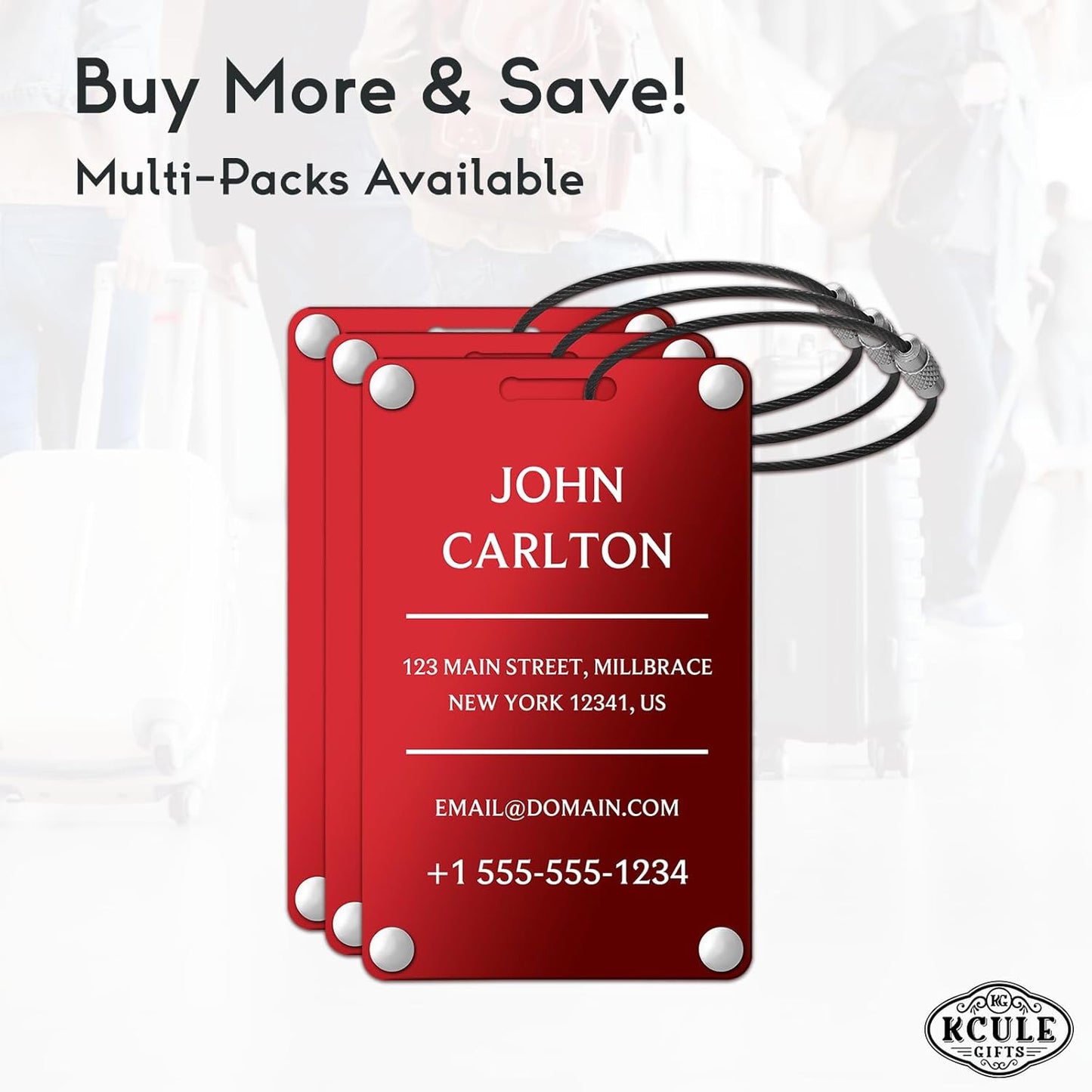 Personalized Luggage Tags for Suitcases - Aluminum Custom Luggage Tags for Backpacks & Bags, Sturdy, Waterproof & Heavy Duty (Red/Card-Sized) (SleekBarRed)