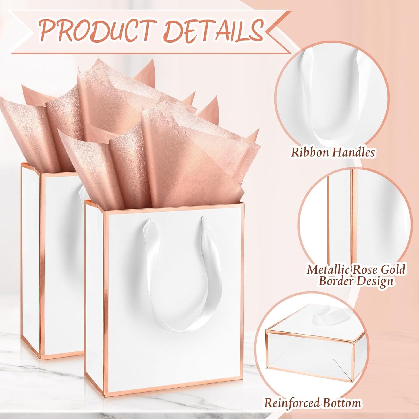 Yeaqee 24 Pack Metallic Paper Gift Bags with Handle and Tissue 9x7x3.1 Gold Foil Welcome Favor Bags Return Gifts for Wedding Fall 5 Senses Christmas Bridesmaid Birthday(White, Rose Gold)