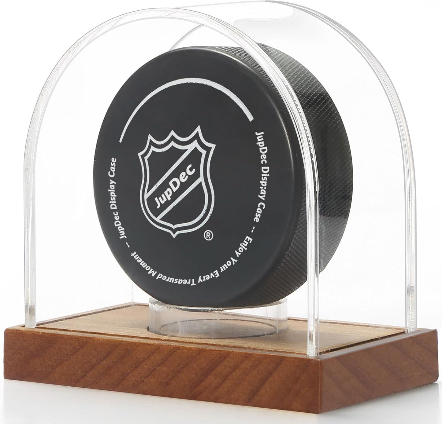 JupDec Hockey Puck and Collectibles Display Case, Premium Acrylic Clear Box Puck Holder with Mahogany Wood Base, Showcase for Autographed Souvenir Memorabilia, Collectible Figure Stand