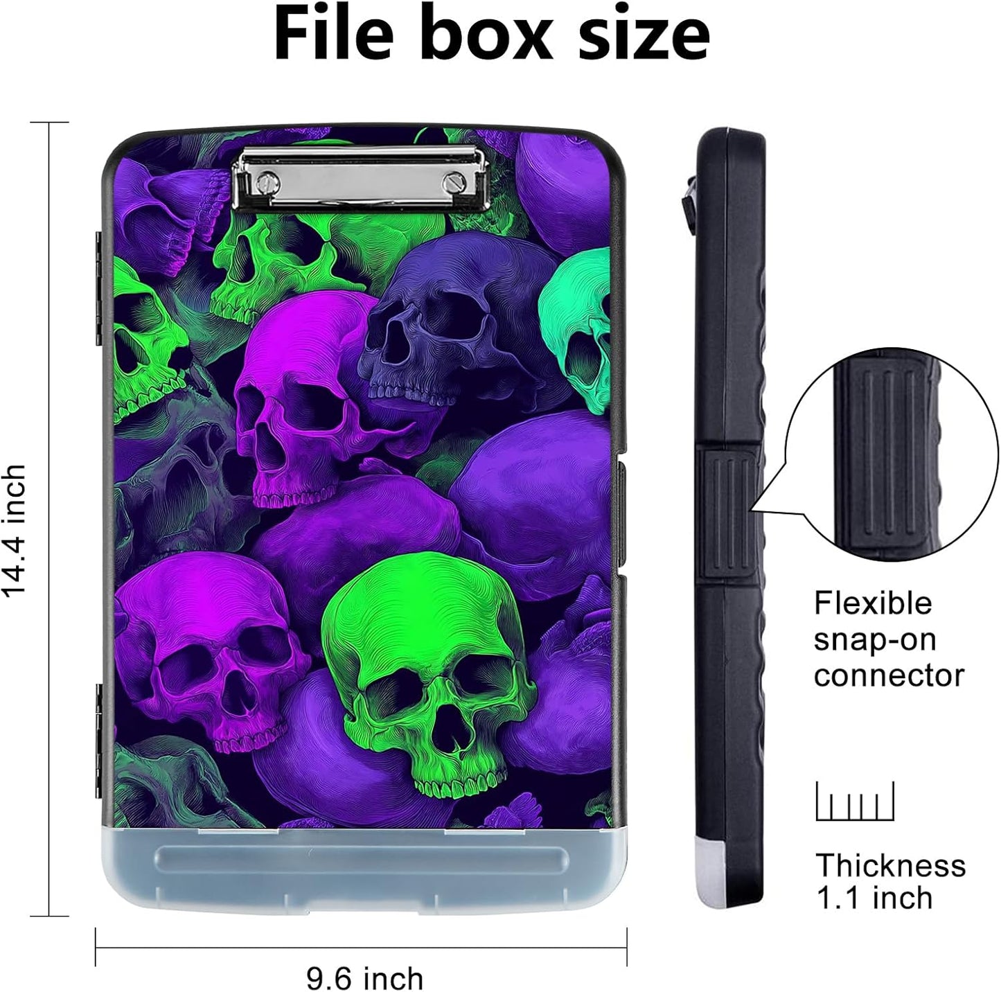Clipboard with Storage - Large Capacity,Nursing Clipboard with Pen Holder,Heavy Duty,Plastic Side-Opening Folder for Teacher,Nurse - Green Purple Skull