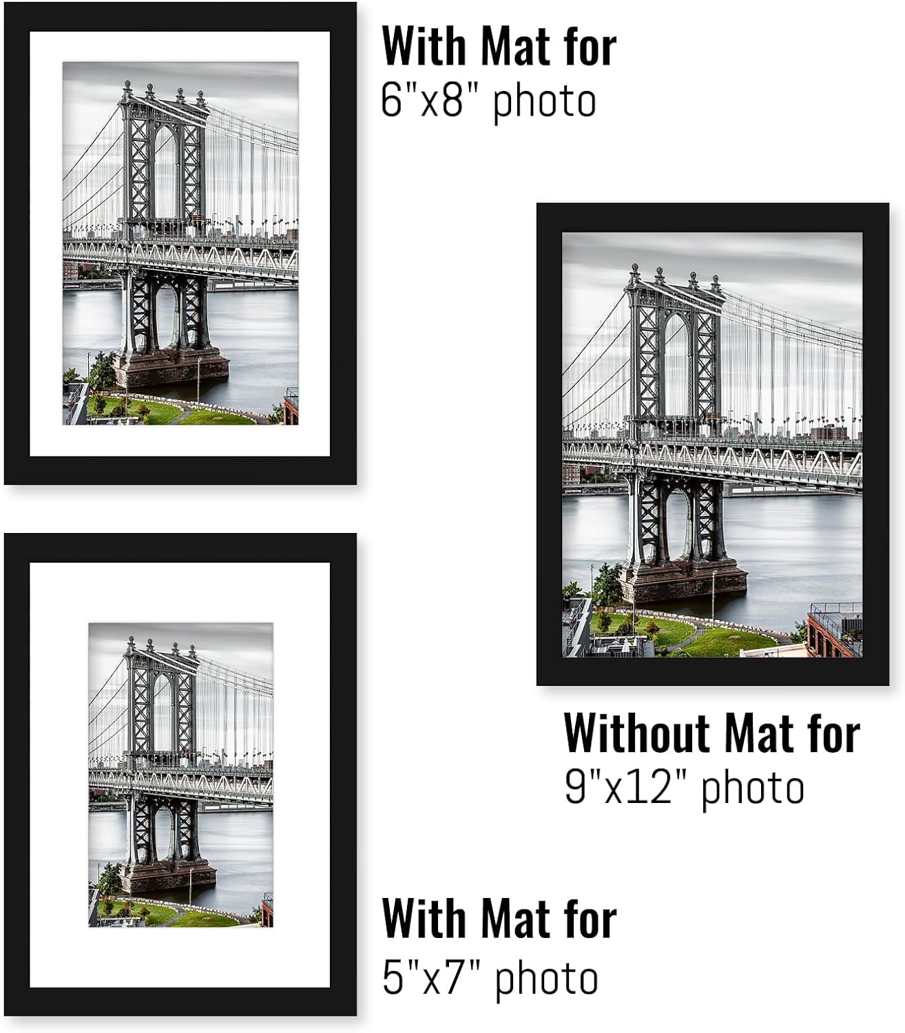 9x12 Picture Frames Solid Wood Display Pictures 6x8 or 5x7 with Mat or 9x12 Frame without Mat Poster Photo Frame Art with 2 Mats for Wall Mounting or Table Top(Black)