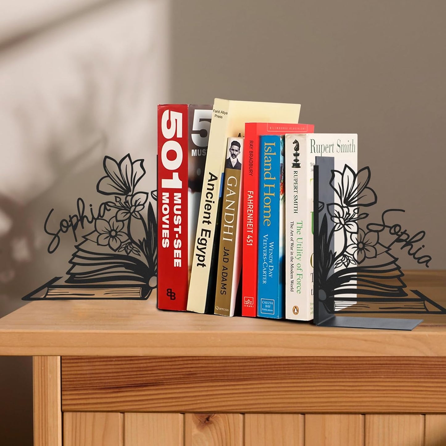 Personalized Flower Book Ends for Shelves 2 Pcs, Custom Name Metal Book Holders, Unique Bookends for Heavy Books, Non-Slip Book Stopper, Home Office Desk Bookshelf Decor, Customized Gifts