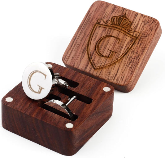 Mens Initial Silver Cufflinks A-Z Alphabet Letter Steel Cuff Links with Engraved Walnut Wood Box Groom Groomsman Wedding Set…