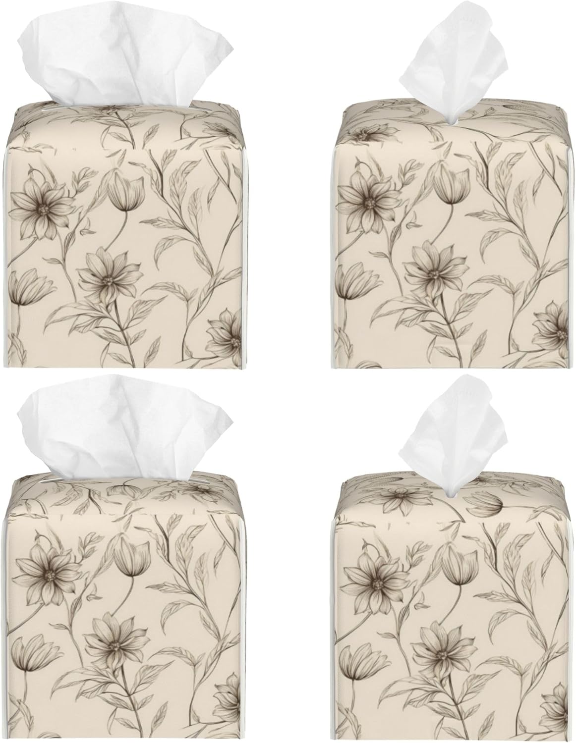 Boho Minimalist Flowers Tissue Box Cover Square, Abstract Line Floral Tissue Box Holder Waterproof Leather Facial Paper Organizer Dispenser for Bathroom Home Car Nightstand Vanity Desk
