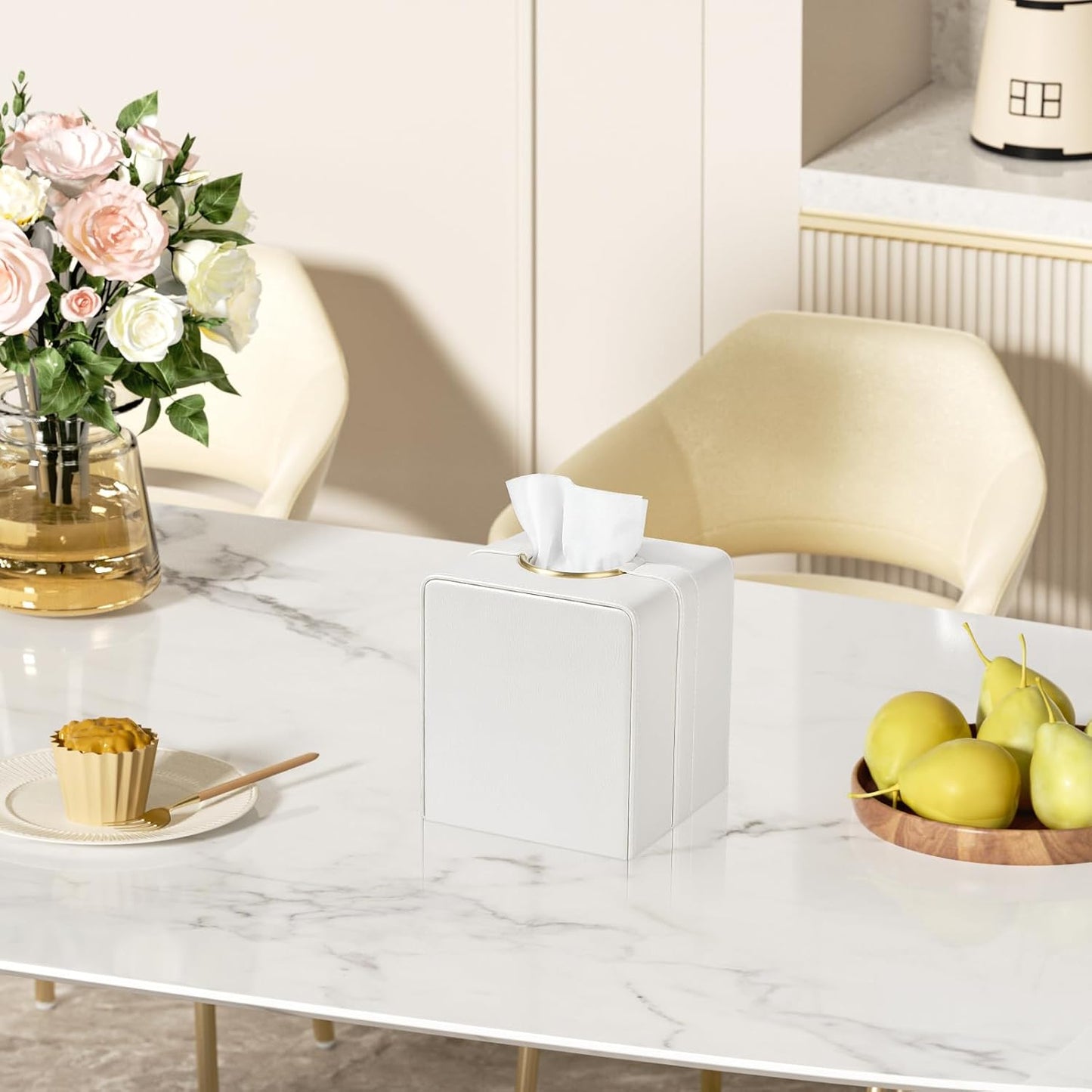 Luxury Square Tissue Box Cover, PU Leather Tissue Box Holder with Magnetic Closure and Gold Decorative Grommets for Bathroom Bedroom, Decorative Elegant Cube Tissue Holder (Cream)