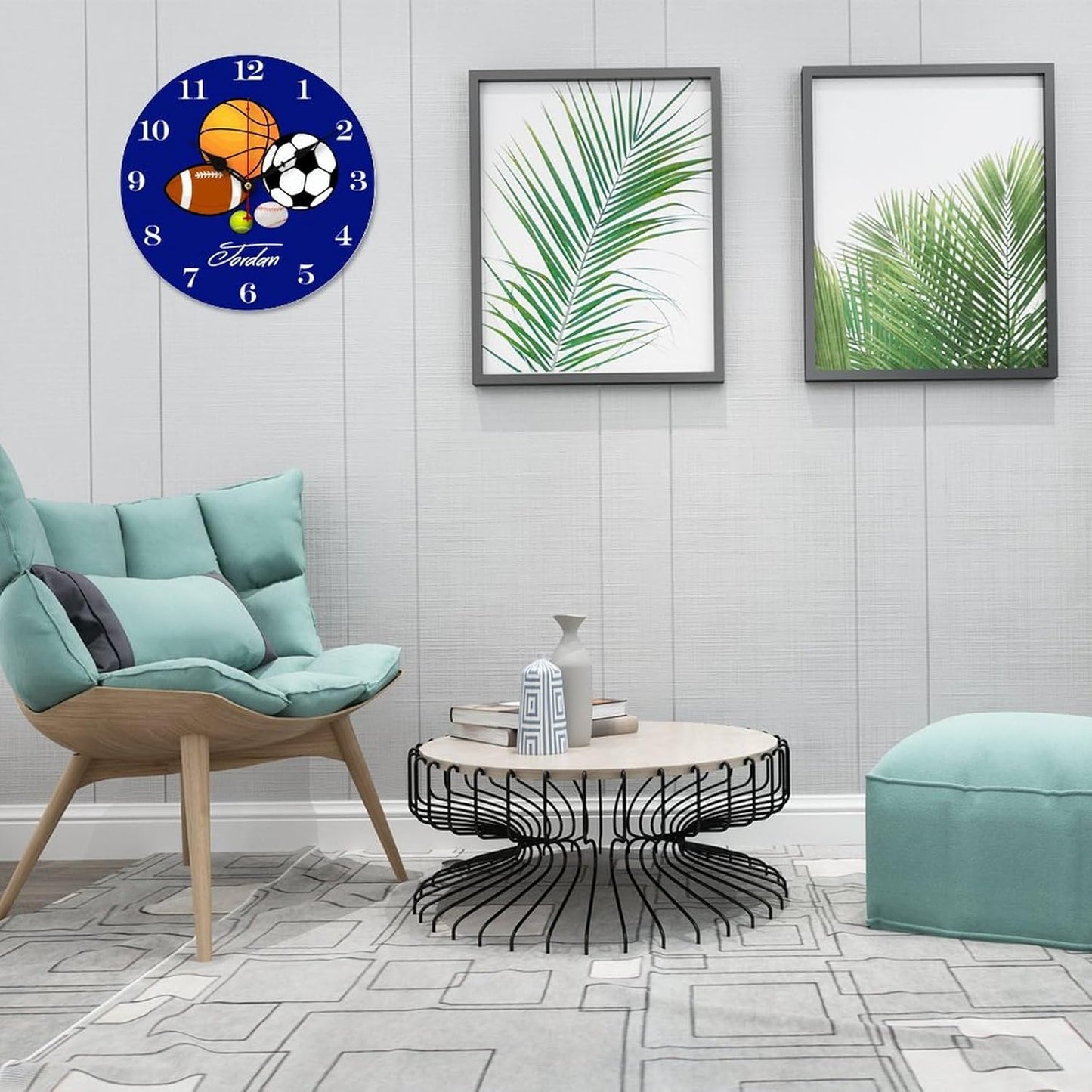 Blue Sports Ball Personalized Kids Name Wood Wall Clocks Rustic Battery Operated 12 inch Non Ticking Sports Decor Wall Clock for Kids Rooms Boys Girls,Nursery Wall Clock,Custom Kids Clock with Name